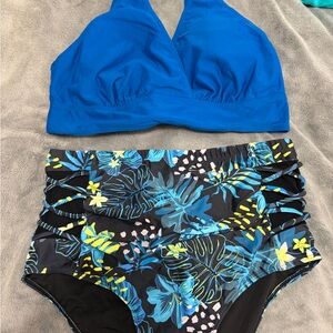 Younique Blue tropical high waisted two piece NWT size 14w